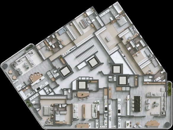 Infinity Alphaville: Implantação do pavimento tipo com três apartamentos, material geral
