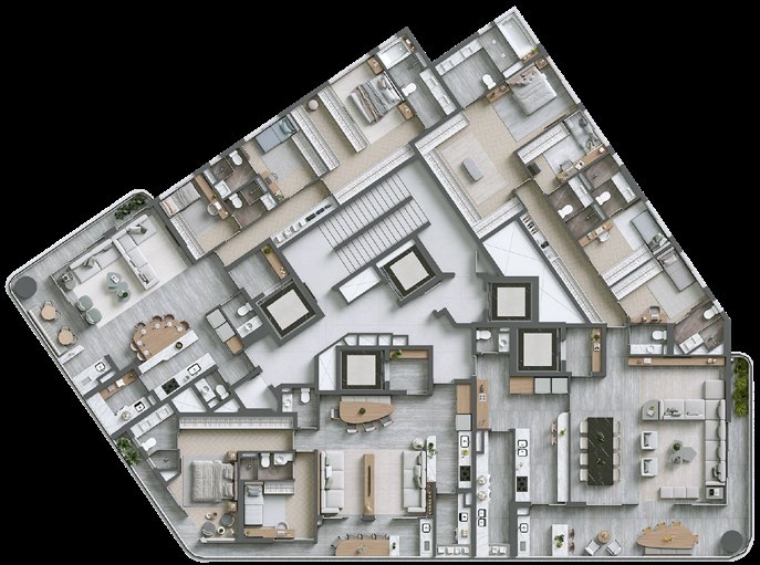 Infinity Alphaville — Implantação do pavimento tipo com três apartamentos, material geral — (11) 4237-8776 | 98026-0864 Infinity Alphaville: Implantação do pavimento tipo com três apartamentos, material geral