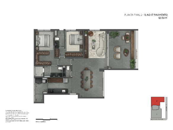 Joya Jardins 121 m2 — Planta de 121 m² — final 2, do 13º ao 17º pavimento