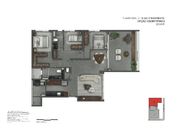 Joya Jardins 121 m2 — Planta de 121 m² — opção com 3 dormitórios