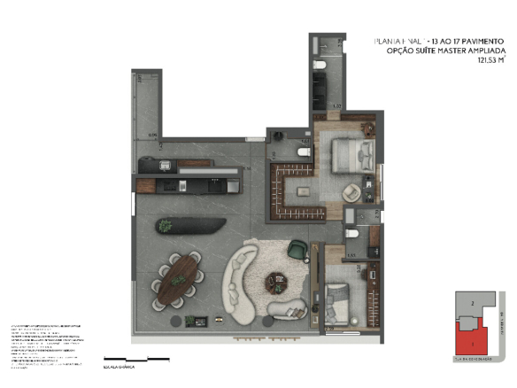 Joya Jardins 121 m2 — Planta de 121 m² — opção com suíte master ampliada