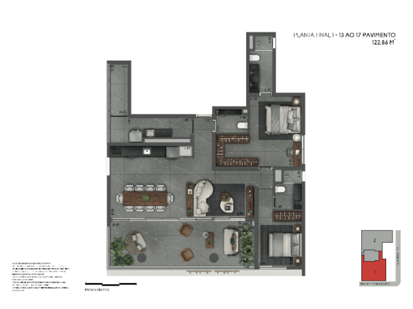 Joya Jardins 122 m2 — Planta de 122 m² — final 1, do 13º ao 17º pavimento