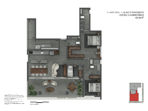 Joya Jardins 122 m2 — Planta de 122 m² — opção com 3 dormitórios