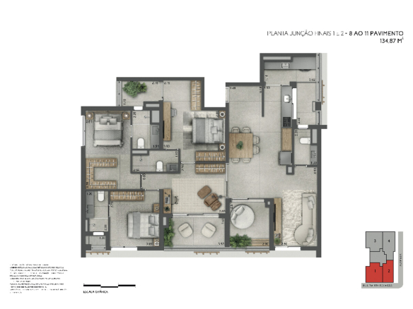 Joya Jardins 134 m2 — Planta de 134 m² — junção dos finais 1 e 2, do 8º ao 11º pavimento