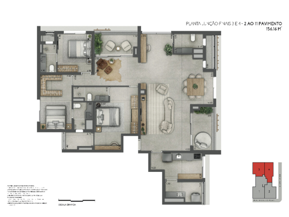 Joya Jardins 156 m2 — Planta de 156 m² — junção dos finais 3 e 4, do 2º ao 11º pavimento