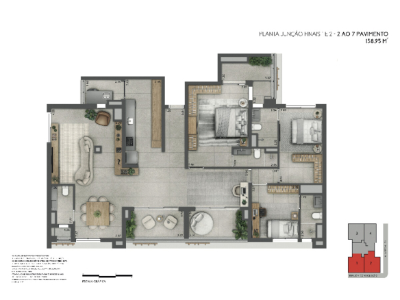 Joya Jardins 158 m2 — Planta de 158 m² — junção dos finais 1 e 2, do 2º ao 7º pavimento