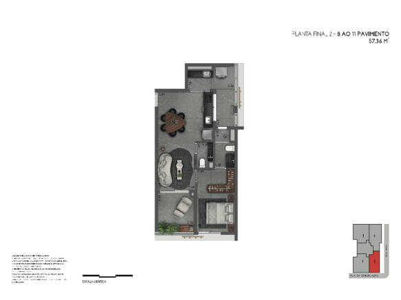 Joya Jardins 57 m2 — Planta de 57 m² — final 2, do 8º ao 11º pavimento