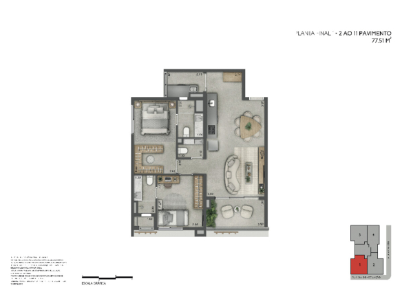 Joya Jardins 77 m2 — Planta de 77 m² — final 1, do 2º ao 11º pavimento