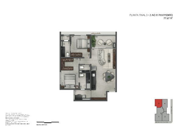 Joya Jardins 77 m2 — Planta de 77 m² — final 3, do 2º ao 11º pavimento