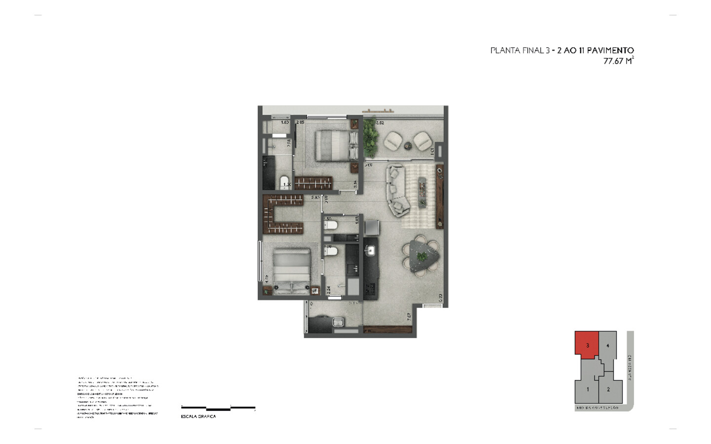 Joya Jardins 77 m2 — Planta de 77 m² — final 3, do 2º ao 11º pavimento