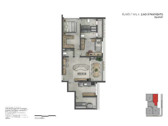 Joya Jardins 78 m2 — Planta de 78 m² — final 4, do 2º ao 11º pavimento