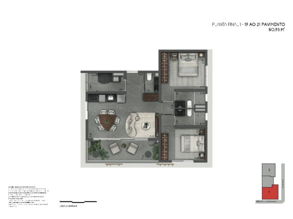 Joya Jardins 80 m2 — Planta de 80 m² — final 1, do 19º ao 21º pavimento