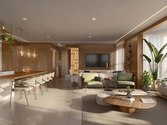 Perspectiva do living ampliado do apartamento de 130 m² no KA'A Home Boutique