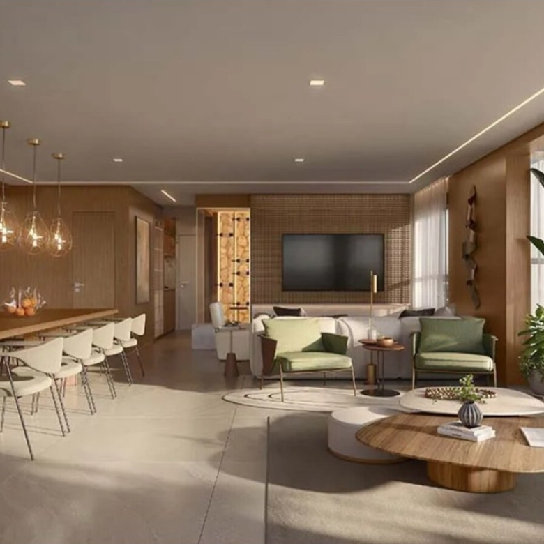 Perspectiva do living ampliado do apartamento de 130 m² no KA'A Home Boutique