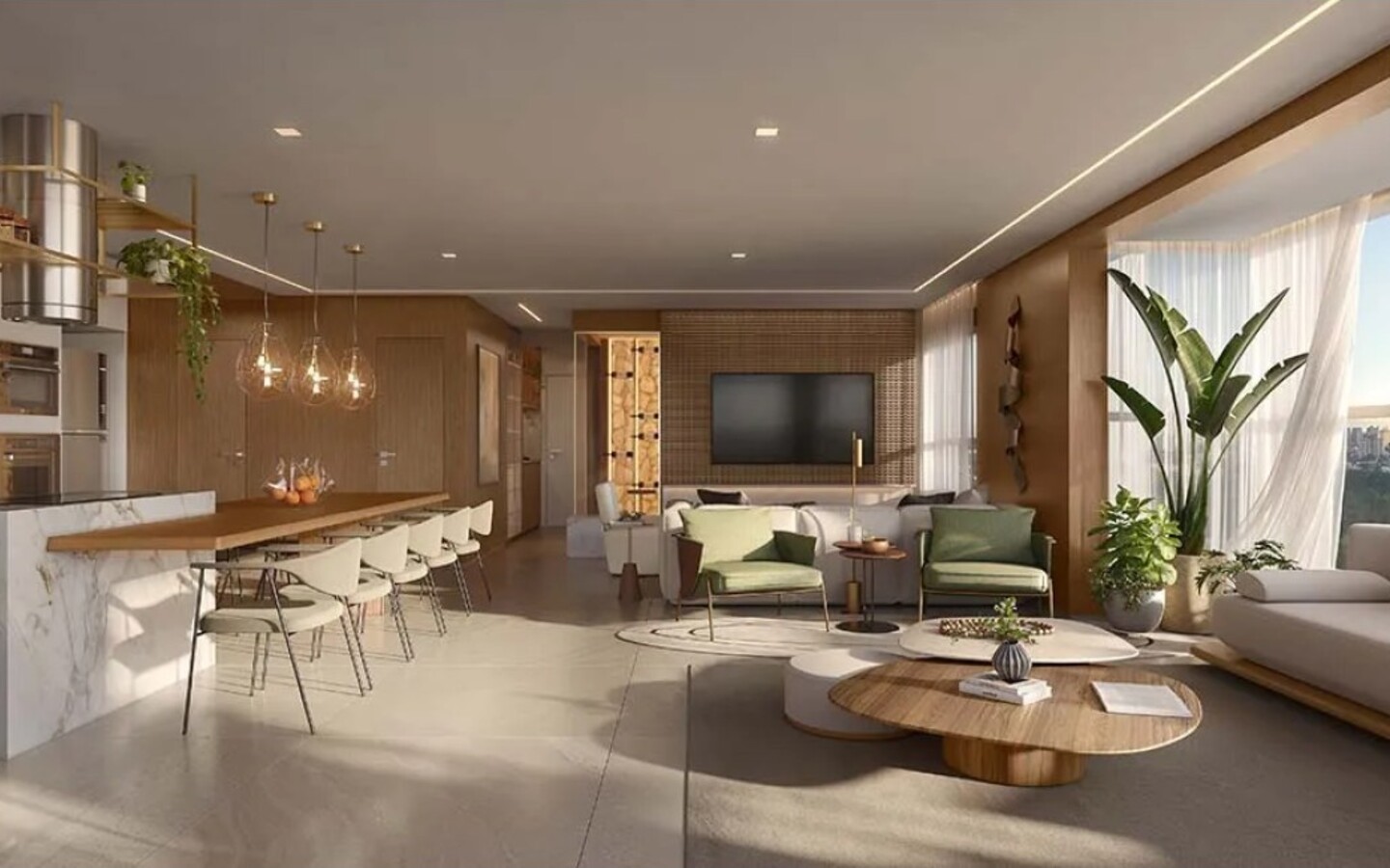 Perspectiva do living ampliado do apartamento de 130 m² no KA'A Home Boutique