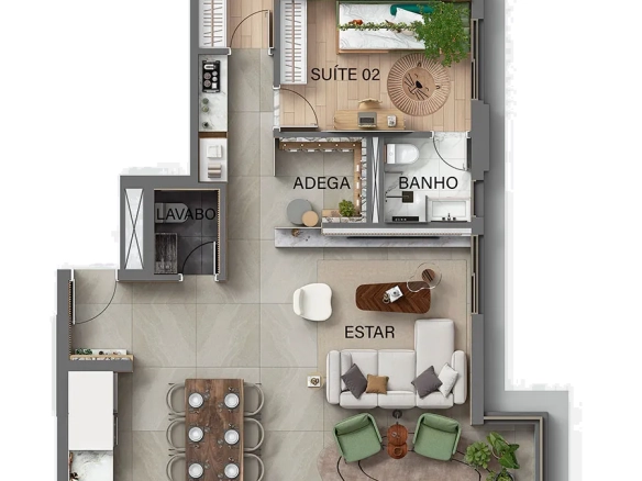 KA’A Home Boutique — Planta 130 m² de duas suítes com living ampliado