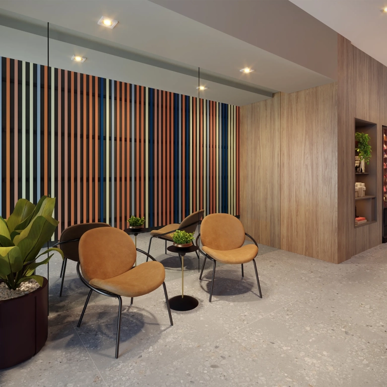 Madart Vila Madalena 31 m2 — lobby Heitor Penteado, perspectiva oficial do condomínio