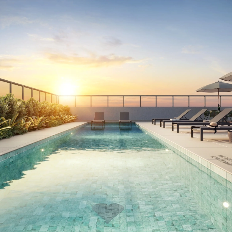 Madart Vila Madalena 25 m2 — piscina e solário no rooftop do condomínio, perspectiva oficial