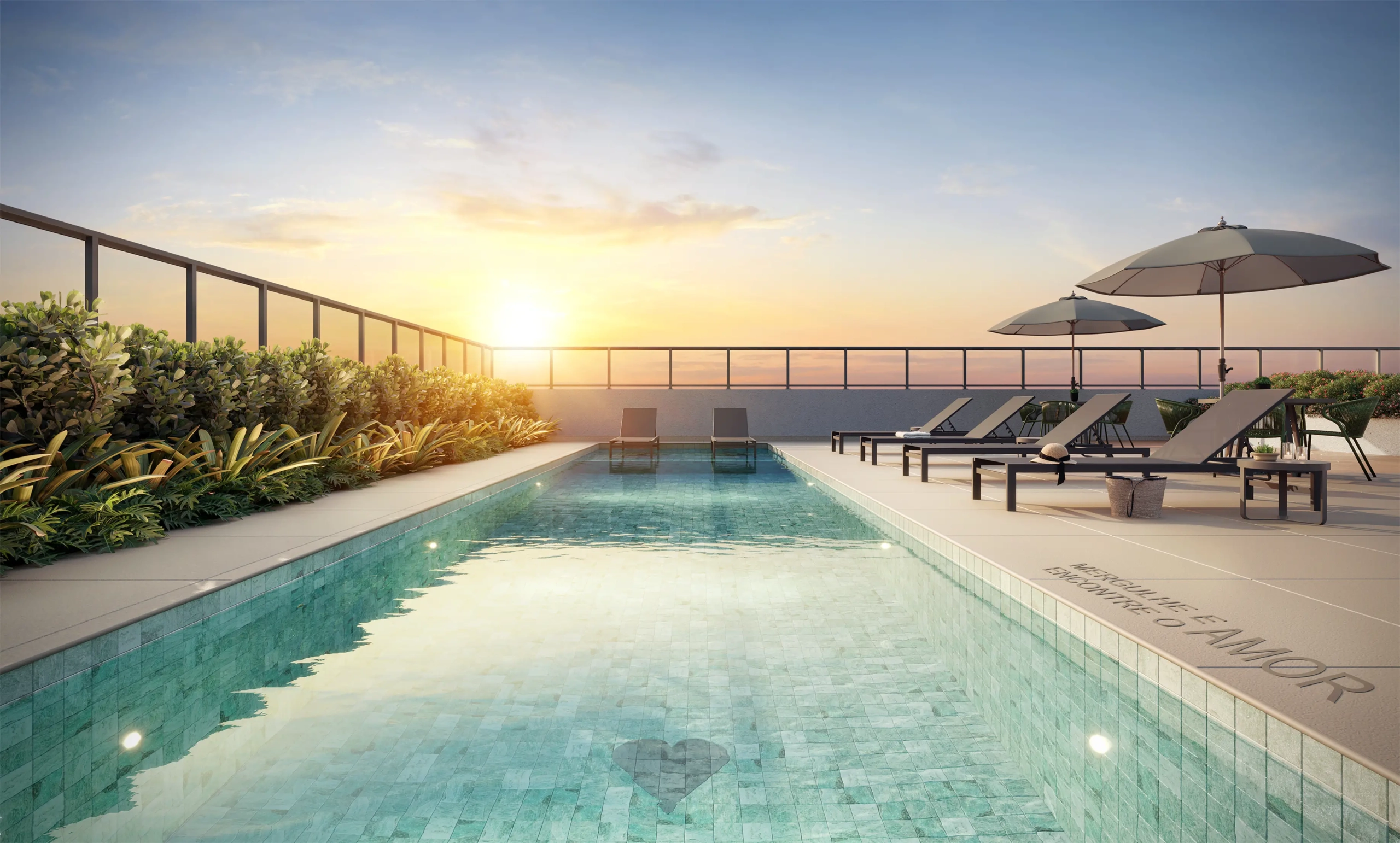 Madart Vila Madalena 25 m2 — piscina e solário no rooftop do condomínio, perspectiva oficial