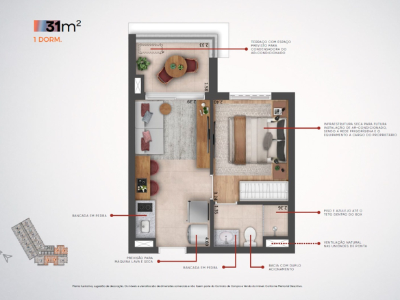 Planta apartamento de 31 m² com 1 dormitório do Madart Vila Madalena, imagem oficial MPD e STAN
