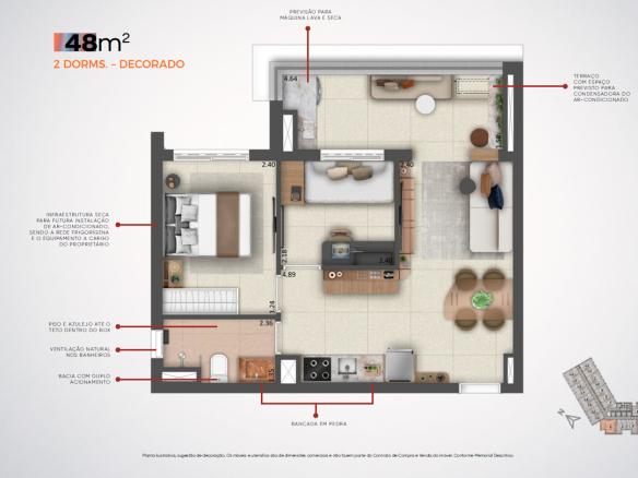 Planta decorada de 48 m² com 2 dormitórios do Madart Vila Madalena, imagem oficial MPD e STAN