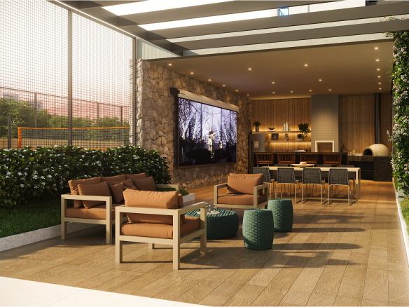 NID Alphaville — Lounge com telão — perspectiva oficial