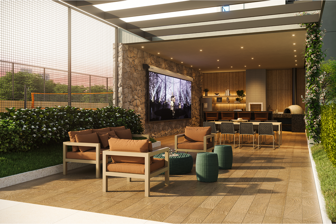 NID Alphaville — Lounge com telão — perspectiva oficial — (11) 4237-8776 | 98026-0864 NID Alphaville — Lounge com telão — perspectiva oficial