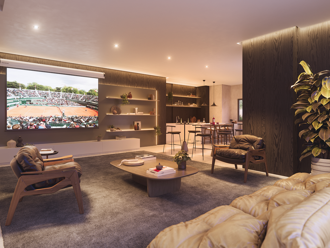 NID Alphaville — Lounge bar – perspectiva oficial — (11) 4237-8776 | 98026-0864 NID Alphaville 86 m2 — lounge bar — perspectiva oficial da área comum