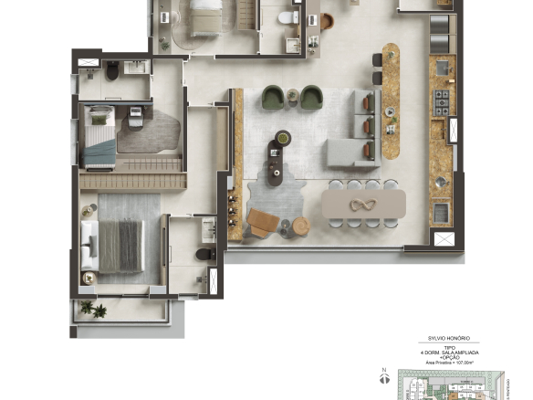 NID Alphaville — Planta 107 m² — 3 suítes, lavabo e living ampliado