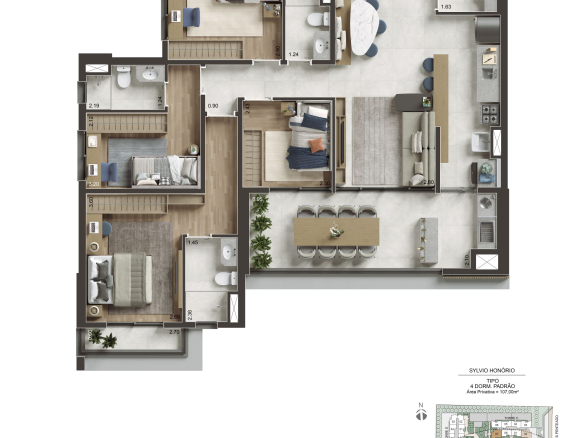 NID Alphaville — Planta 107 m² — 4 dormitórios, 3 suítes e lavabo