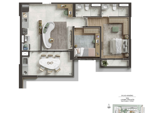NID Alphaville — Planta 75 m² — 2 dormitórios, 1 suíte