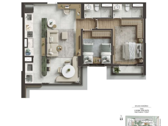 NID Alphaville — Planta 75 m² — 2 dormitórios sem suíte — representação 1