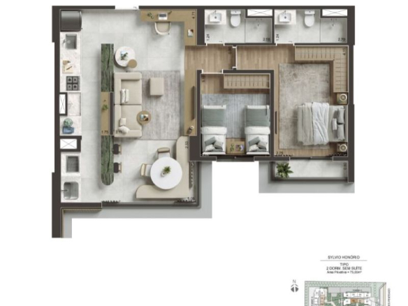 NID Alphaville — Planta 75 m² — 2 dormitórios sem suíte — representação 2