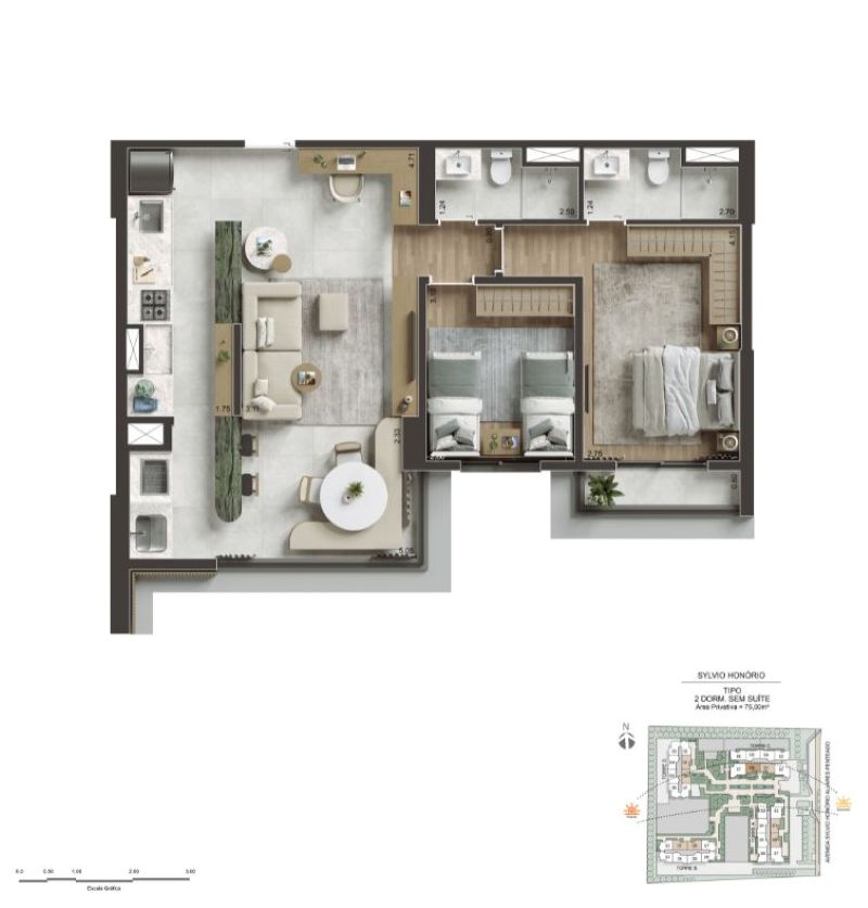 NID Alphaville — Planta 75 m² — 2 dormitórios sem suíte — representação 2 — (11) 4237-8776 | 98026-0864 NID Alphaville — Planta 75 m² — 2 dormitórios sem suíte — representação 2