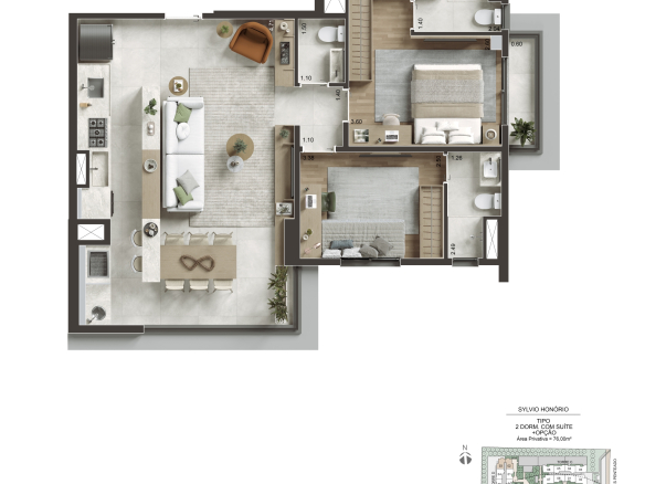 NID Alphaville — Planta 76 m² — 2 suítes e lavabo — opção integrada