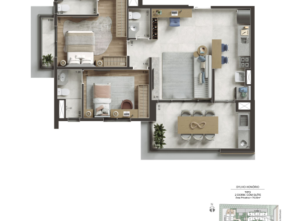 NID Alphaville — Planta 76 m² — 2 suítes e lavabo — padrão