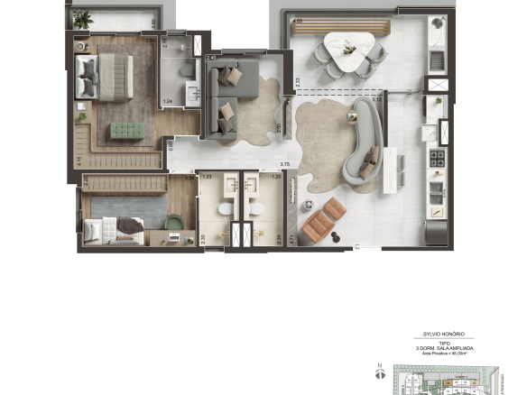 NID Alphaville — Planta 86 m² — 2 suítes e living ampliado
