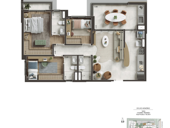 NID Alphaville — Planta 86 m² — 3 dormitórios e 2 suítes — padrão