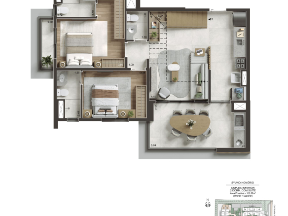 NID Alphaville — Planta duplex 132 m² — pavimento inferior — 2 suítes e lavabo