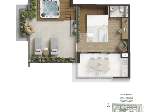 NID Alphaville — Planta duplex 132 m² — pavimento superior — terraço e lavabo