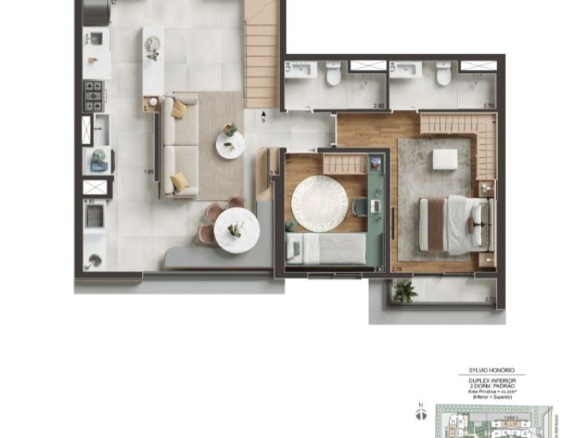 NID Alphaville — Planta duplex 133 m² — pavimento inferior — 2 dormitórios padrão sem suíte