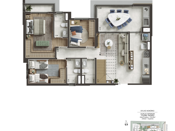 NID Alphaville — Planta duplex 153 m² — pavimento inferior — 3 dormitórios e 2 suítes