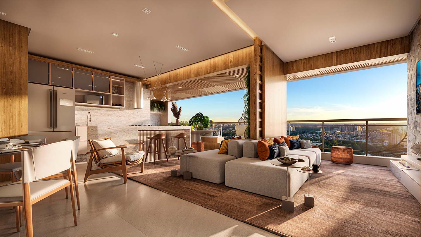 Oásis Home Resort – Living ilustrado do apartamento 114 m² – Atendimento Especializado (11) 4237-8776 | 98026-0864 Oásis Home Resort — Living ilustrado do apartamento 114 m²