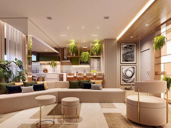 Oásis Home Resort — Living ilustrado do apartamento 90 m²