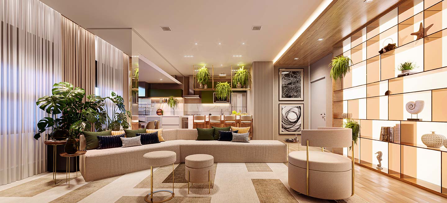 Oásis Home Resort – Living ilustrado do apartamento 90 m² – Atendimento Especializado (11) 4237-8776 | 98026-0864 Oásis Home Resort — Living ilustrado do apartamento 90 m²