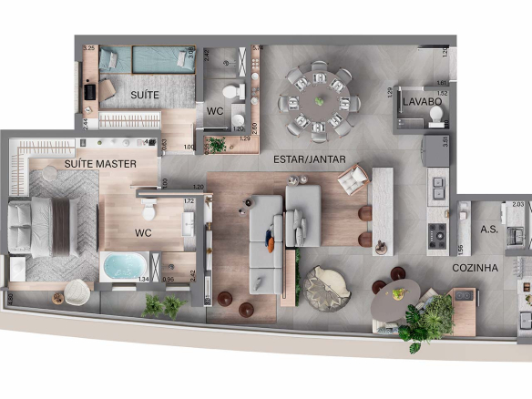Oásis Home Resort — Planta 114 m² finais 1 2 10 e 11 com 2 suítes e living ampliado