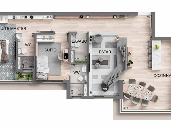 Oásis Home Resort — Planta 90 m² finais 3 4 6 7 8 e 9 com 2 suítes e living ampliado