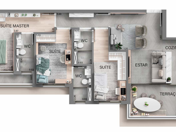 Oásis Home Resort — Planta 90 m² finais 3 4 6 7 8 e 9 com 3 suítes