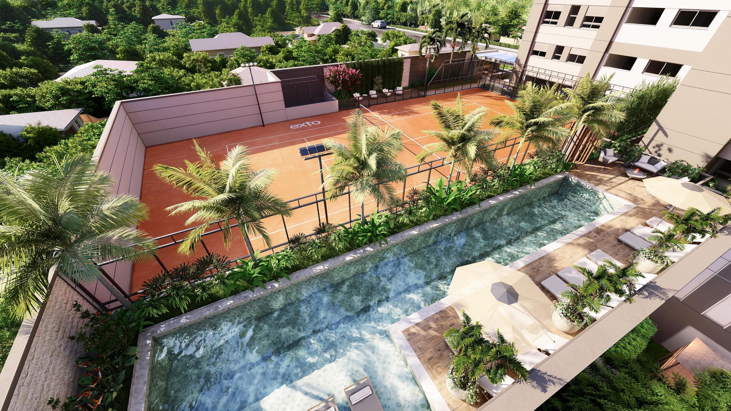Perspectiva da piscina e das áreas externas do Palm Collection Pacaembu