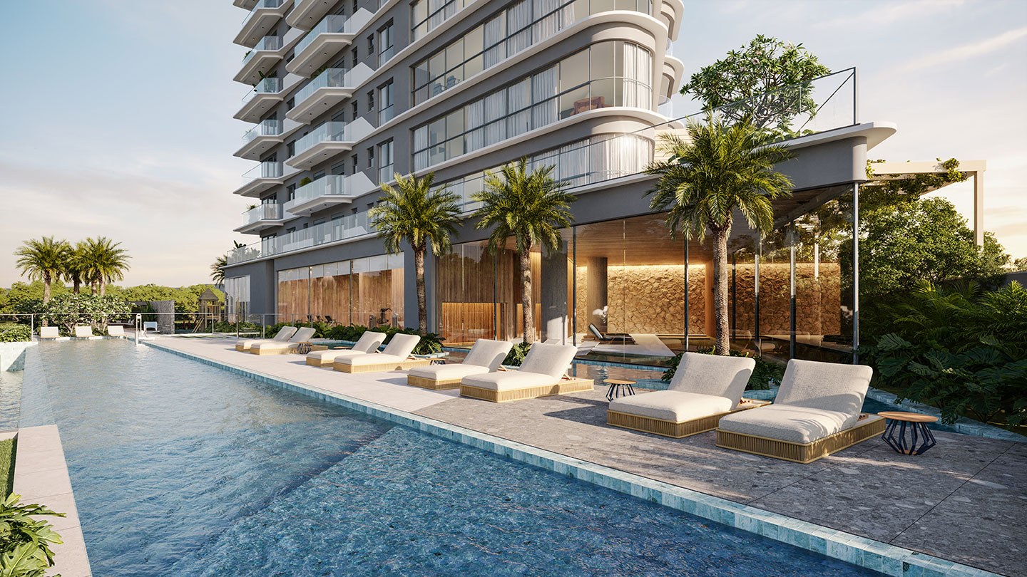 Signature Alphaville — Piscina externa — (11) 4237-8776 | 98026-0864 Signature Alphaville 633 m2 — perspectiva da piscina externa do condomínio